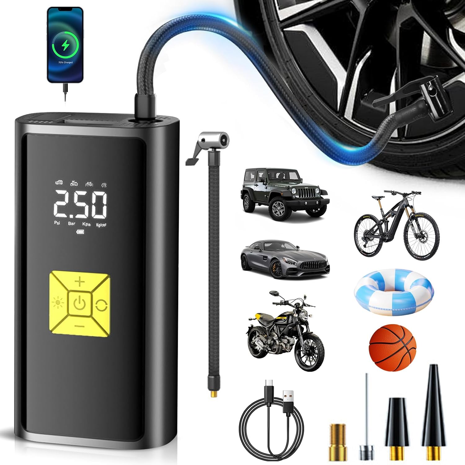 bomba-aire-bicicleta-147bgk-1.jpg Compresor de aire portátil inalámbrico 150 PSI, bomba eléctrica para bicicleta, coche y moto - Imagen 1